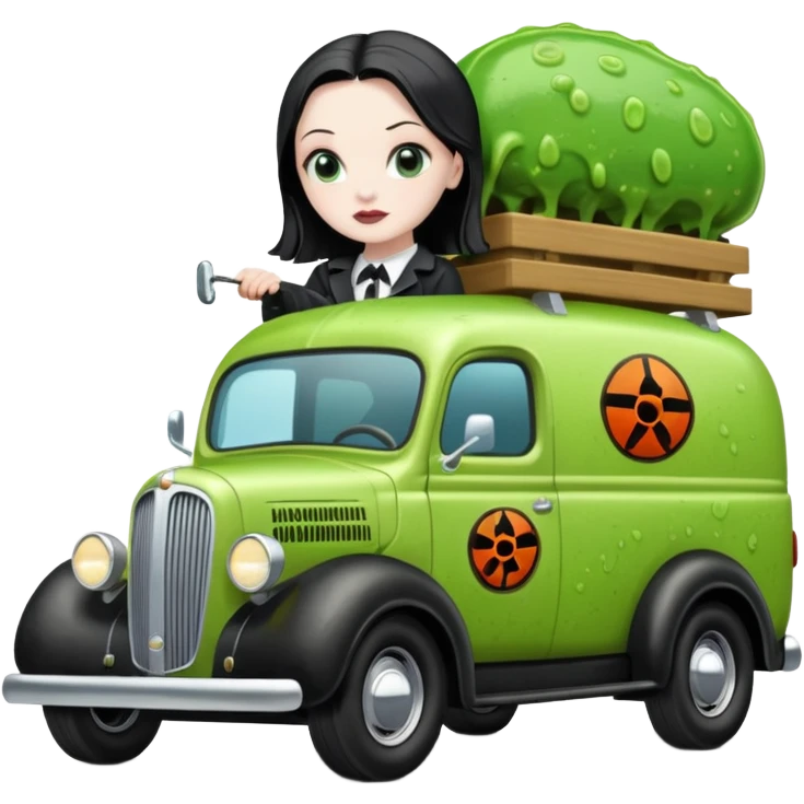 Heroic  Wednesday Adam’s SuperBug Ron’s slime-oozing exterminator antique tall moving van hot rod(motto: You pay me now!) emoji