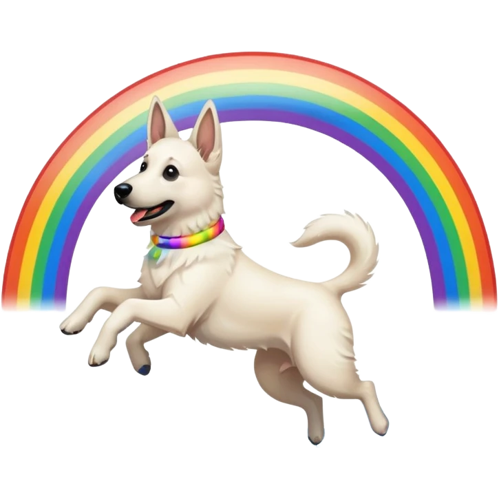 White belgian Shepard jumping over Rain puddles. There is a rainbow in the sky emoji