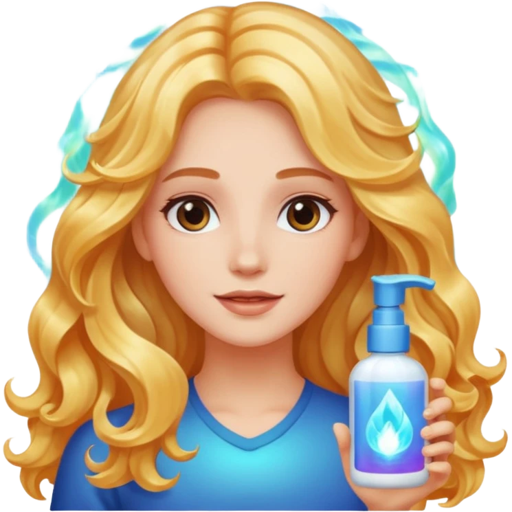 menina branca com cabelos longos ondulados cuidando dos cabelos e brilho ao redor emoji
