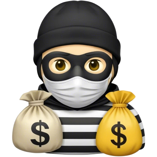 A Robber Emoji, the robber is Male, has a Black Beanie hat, has a shirt with black and white stripes, a black mask thing around his eyes, and a yellowish money bag on his right shoulder, we can only see his upper body from his chest and his face emoji