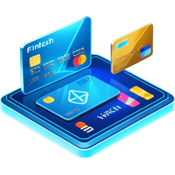 3D isometric fintech illustration, rotated to the left, neon blue lighting, instant crypto transfer, glowing coin, dynamic holographic arrows, metallic and glass textures, two isometric credit cards in the background, volumetric glass elements with realistic reflections emoji