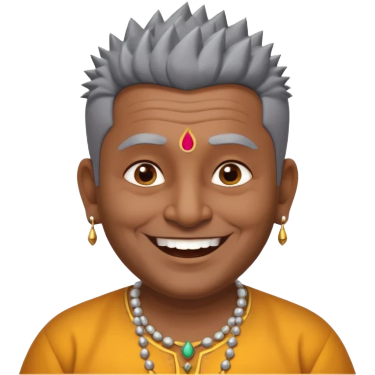 50 yr old indian man, dark skin, grey hair, big smile, white teeth, chubby, no moustache, clean shaven, spiky hair, bindy emoji