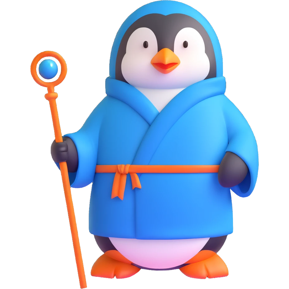 penguin wizard with a long blue robe and staff emoji