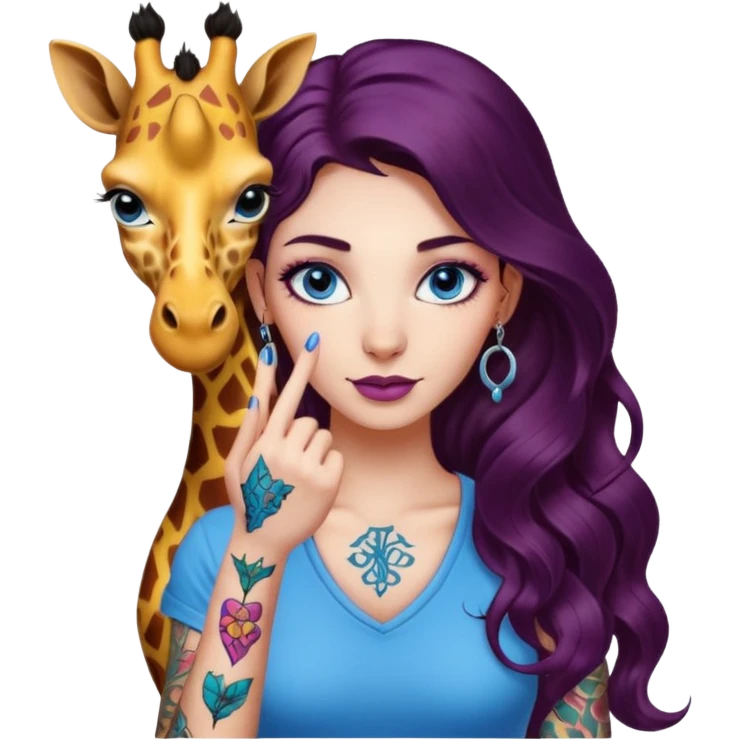 Gorgeous female Long wavy dark plum hair, colorful giraffe tattoo, word ""pinky swear" black lettering tattoo, blue eyes, piercings emoji