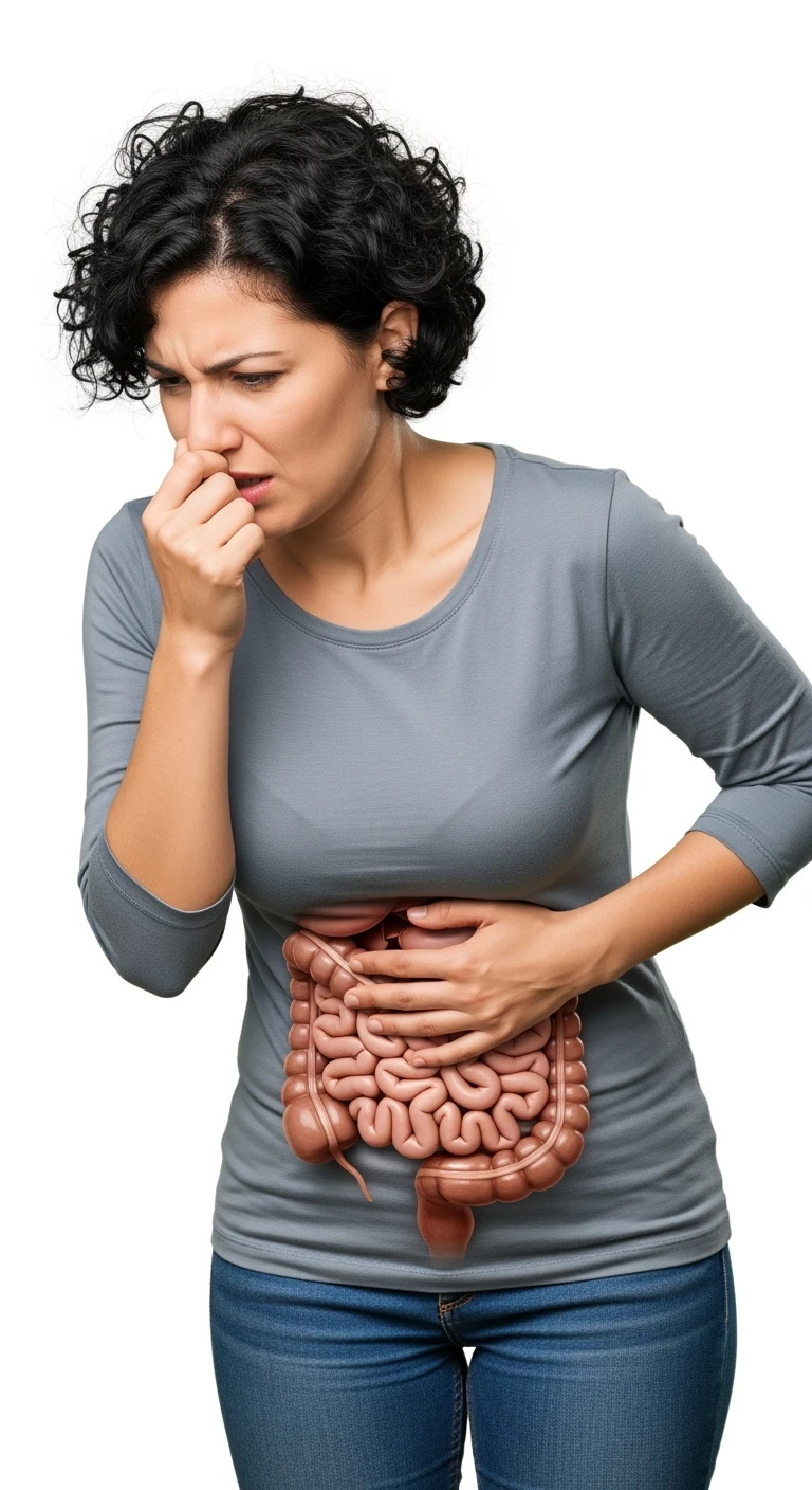 DONNA CHE SI TIENE LA PANCIA CON LA MANO E SI TAPPA IL NASO PER LA PUZZA, INTESTINO UMANO ANATOMICO IN EVIDENZA, ISOLATA SU SFONDO BIANCO emoji