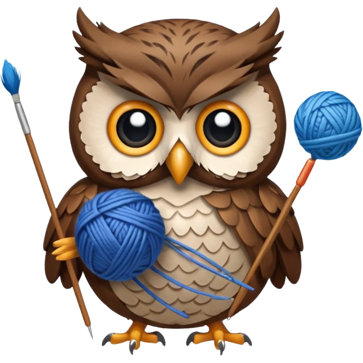 Owl holding blue yarn ball and knitting needles emoji