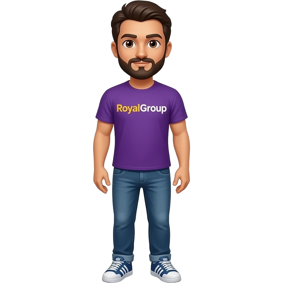 man, medium tone skin, dark brown hair, beard/mustache, brown eyes,  purple t-shirt with letters-only logo "RoyalGroup" connected words - 'Royal' in goldenrod yellow and 'Group' in white, jeans, adidas shoes emoji