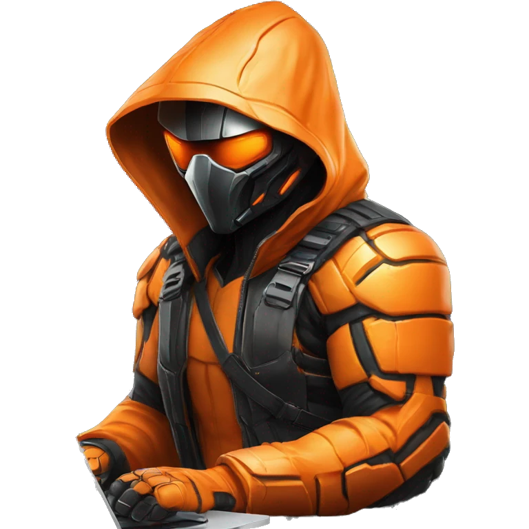 Side view developer behind his laptop with this style : crysis Cyberpunk Valorant orange glowing bright orange character orange black hooded assassin themed character emoji