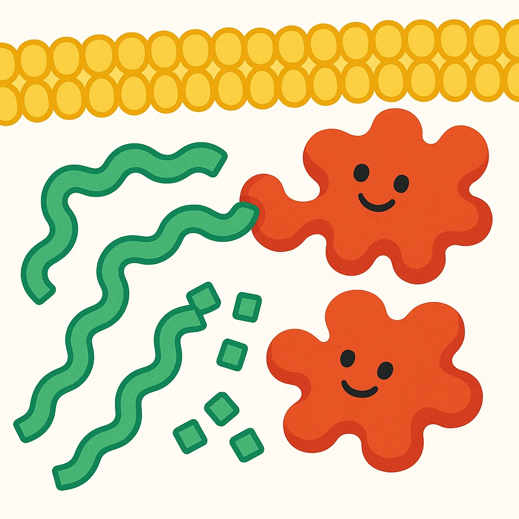 Ultra-detailed scientific illustration of enzyme digestion: Red amylase molecules (3D, globular protein structure) breaking down green starch polymers (chain of glucose units) into maltose near a yellow phospholipid bilayer membrane. Macro molecular view, clean white background, no text, no human figures or cartoon characters. Purely biological focus. emoji
