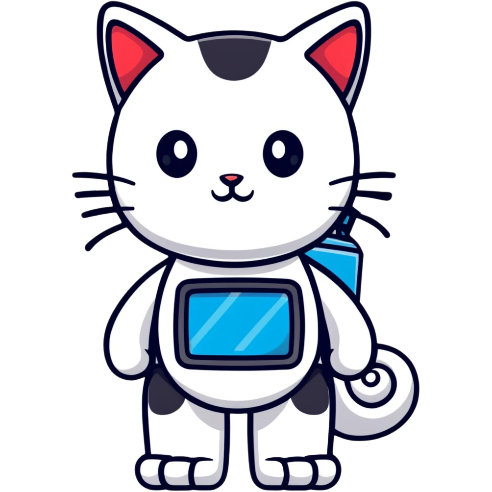 white standing robocat with a display instead of face emoji