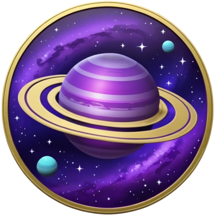 a space-themed coin with a purple saturn on it emoji