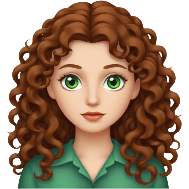 White Woman with long curly brown hair and green eyes emoji