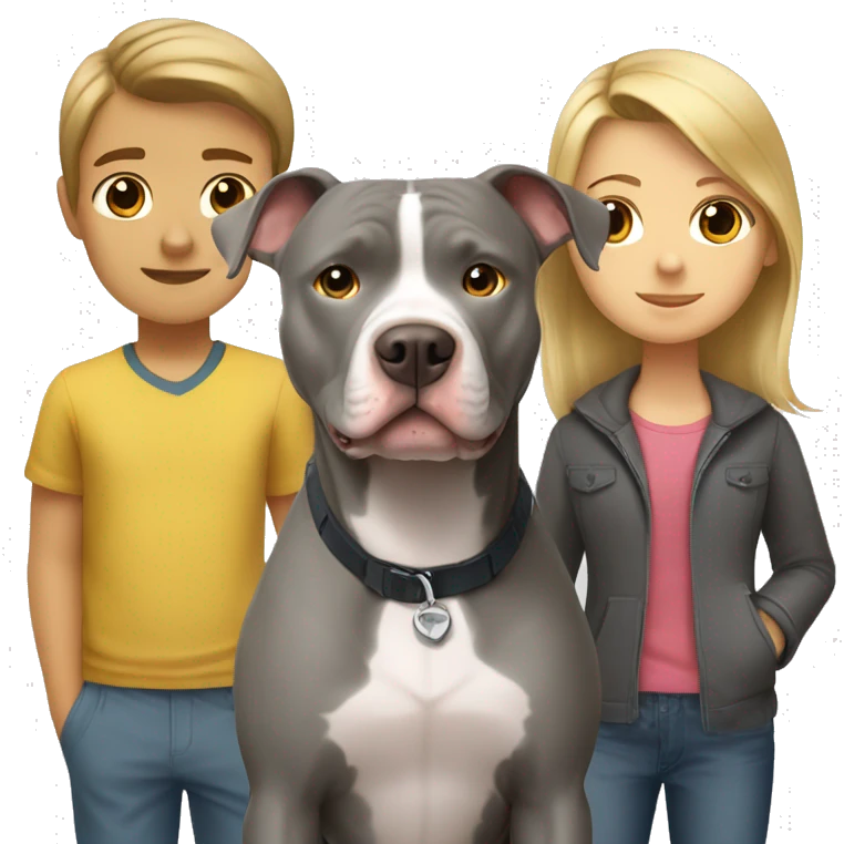 Gray Pitbull standing with brown-haired boy and blonde girl emoji