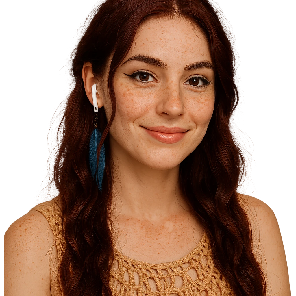 A young woman with fair skin and light freckles, oval face, defined cheekbones, soft jawline, warm expression. Large almond-shaped hazelnut brown eyes with bold black eyeliner, thick slightly arched eyebrows. Long, deep dark red wavy hair with warm undertones, two loose strands framing her face. Wearing AirPods, handmade woven boho top in beige, ecru, or terracotta. One long blue feather earring in one ear, small nose piercing on right side. Smiling, creative, bohemian, and modern style. emoji