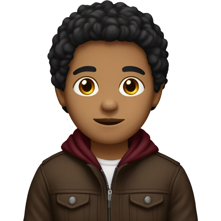 dark hispanic boy, tight to the head black brown hair, brown eyes, brown jacket, burgundy sweater emoji