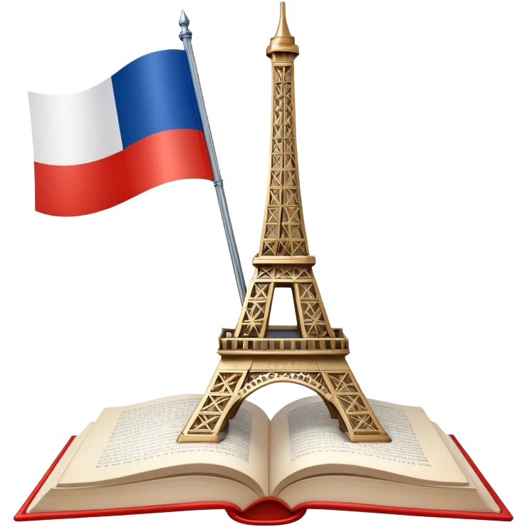An icon featuring the Eiffel Tower and the flag of France, symbolizing the French language. The design includes an open book, representing language learning and cultural elegance. Transparent background highlights the beauty of French heritage. emoji
