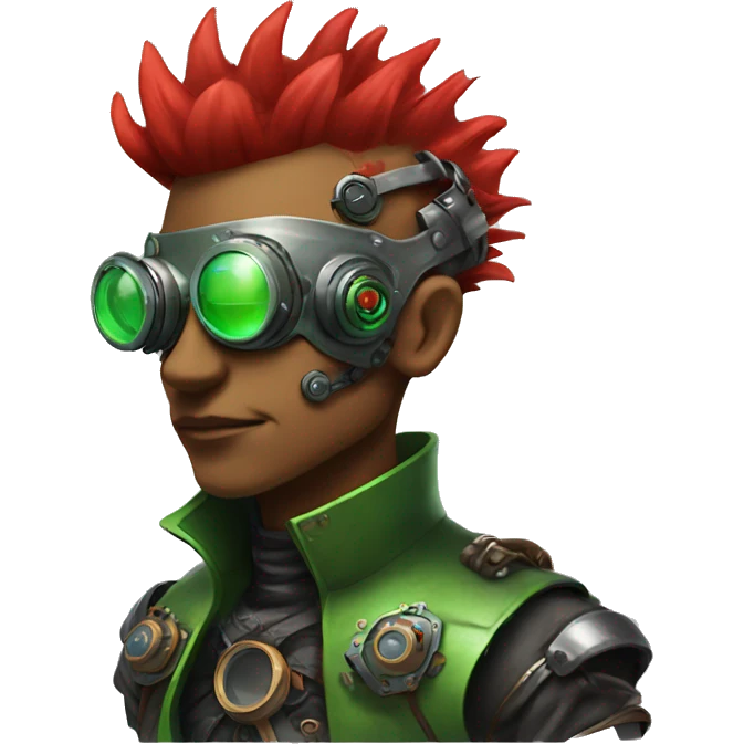 Male cyborg with thin red Mohawk and green steampunk goggles emoji