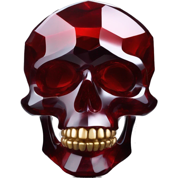 glass sculpture skull with a geometric, faceted design. The skull is standing upright on a base with angular and baroque features. The vibrant dark shade and red highlights the sharp edges and planes emoji