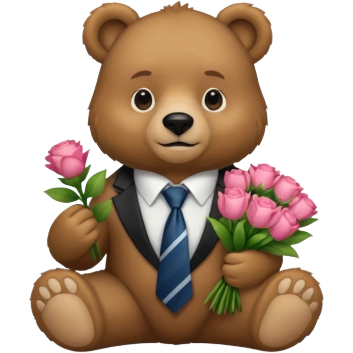 A bear sitting down wear a tie and holding a 💐 emoji