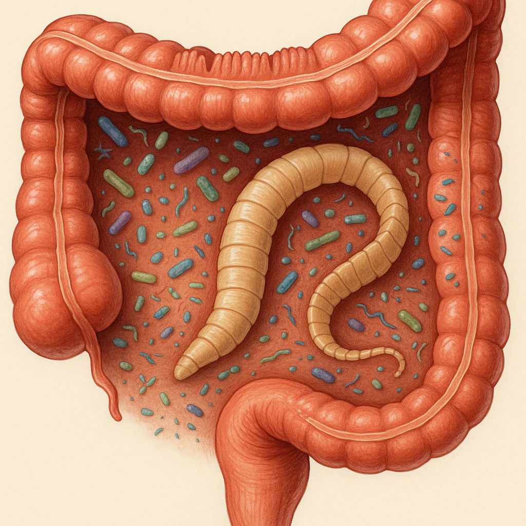 a medical illustration of a human realistic gut with bacteria and parasyte (tenia) realistic  emoji