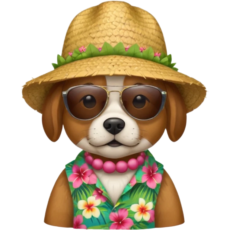 dog with sunglasses and straw hat, hawaii shirt emoji