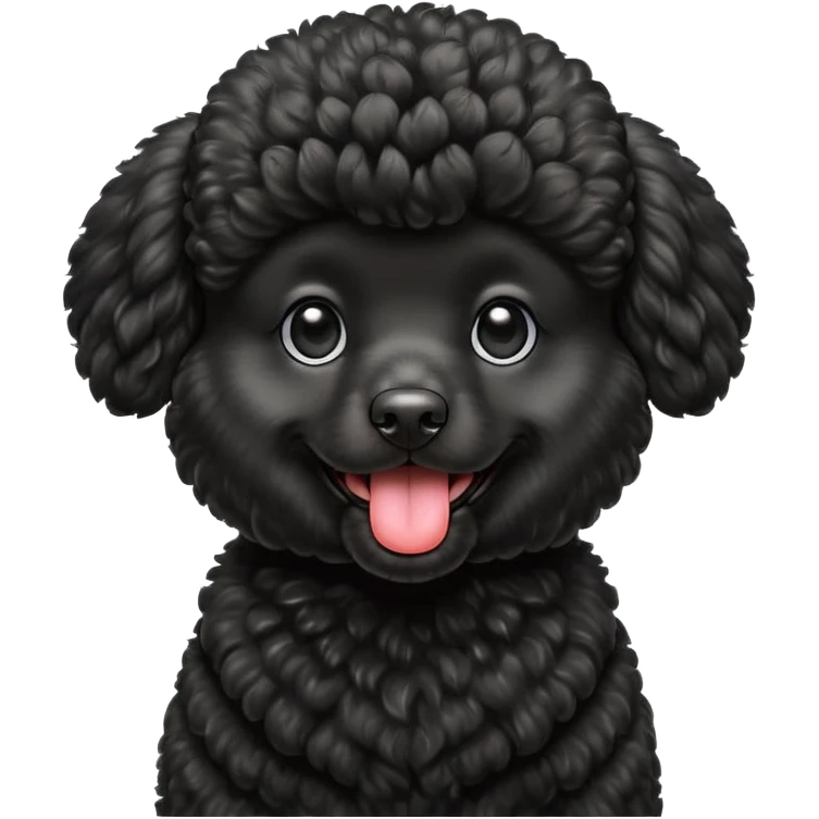A high-resolution square-format digital illustration of a black poodle in a clean, emoji-inspired semi-realistic style. The poodle is shown from the chest up, facing forward with a slight tilt of the head to the left, tongue out playfully. emoji