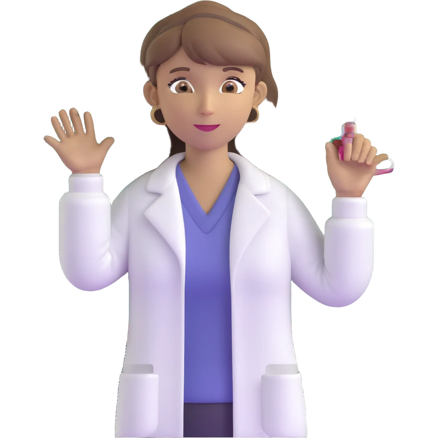 middle-aged science teacher, light brown hair in ponytail with bangs, brown eyes, standing by a chalkboard with science formulas emoji