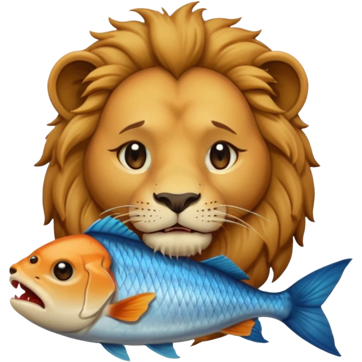  A lion eating a fish, feeling sad, cry, portrait, bust up emoji