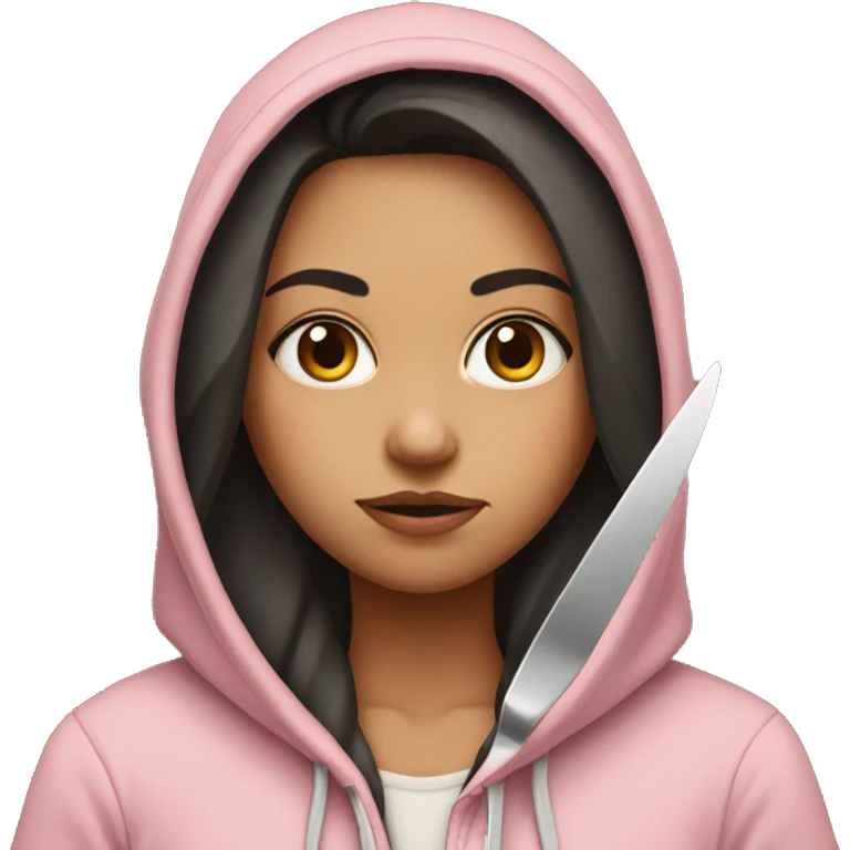 Girl with long dark hair in a light pink hoodie with a serious face holding a butter knife emoji