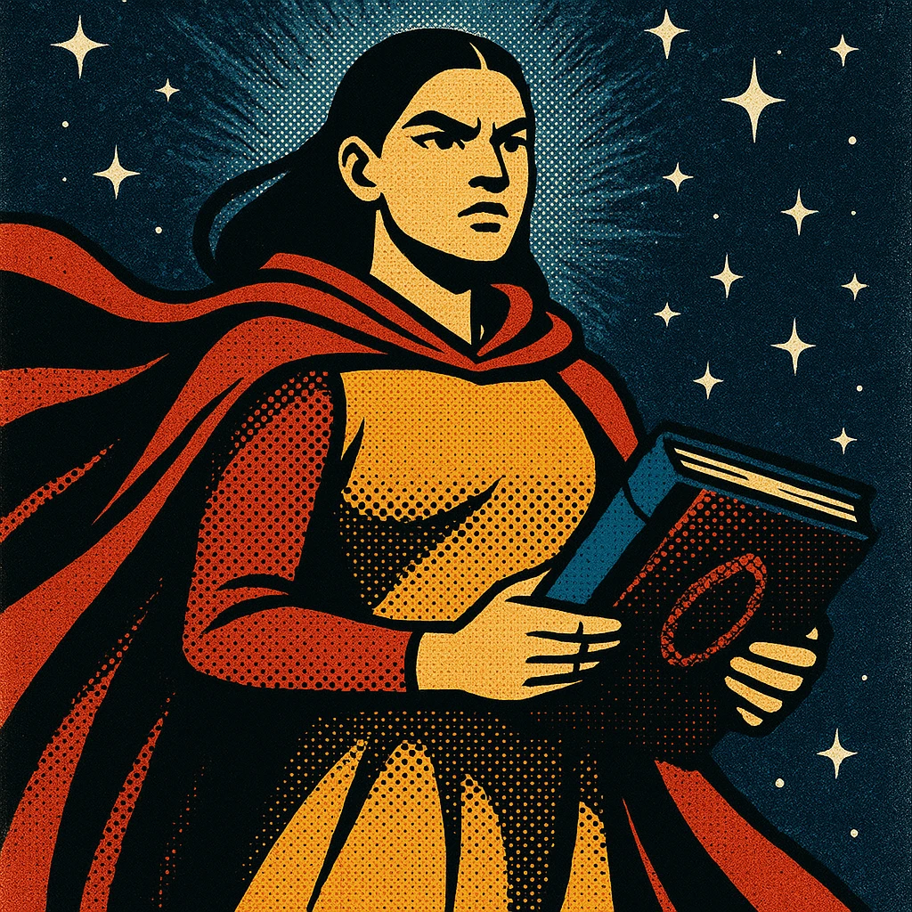 legendary mentor, young imposing woman with cape and ancient book, starry background, classic comic style emoji