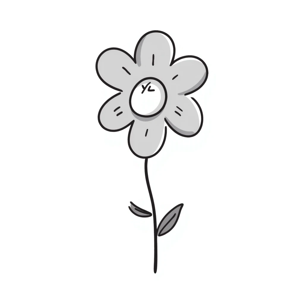 a single flower with petals, stem, and leaves in pastel colors dd9fb0, ffc6d3, a3bfc9, c4bee2, f1b091, detailed hand-drawn doodle style emoji