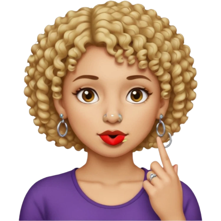 faça uma mulher com o cabelo curtinho cacheado com piercing no nariz e brincos e o dedo indicador no canto da boca emoji