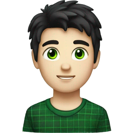 A white boy with black hair wearing a white T-shirt with a black plaid shirt over it with green eyes emoji