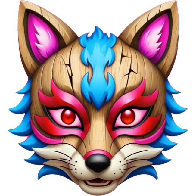 Ancient wooden mask, split in half, luminous and neon with red, blue and pink fox-like glow. emoji