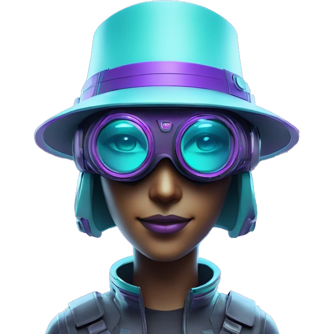 Secret humanoid agent in a futuristic hat with in Apple VR goggles headset code display on the goggles , cyberpunk, cyan and purple colors, only upper body portrait, front facing the camera  emoji