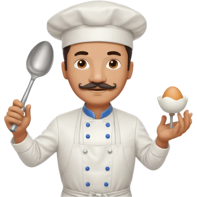 Middle aged male pastry chef - with a mustache, apron, white hat, and holding an egg beater in one hand emoji