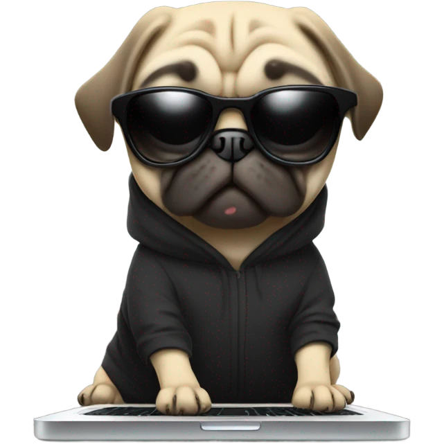 Pug wearing a black hoodie and using a laptop and wearing sunglasses emoji