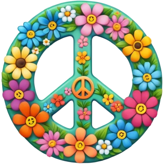 A round hippie colored button with a peace sign and flowers in the center emoji