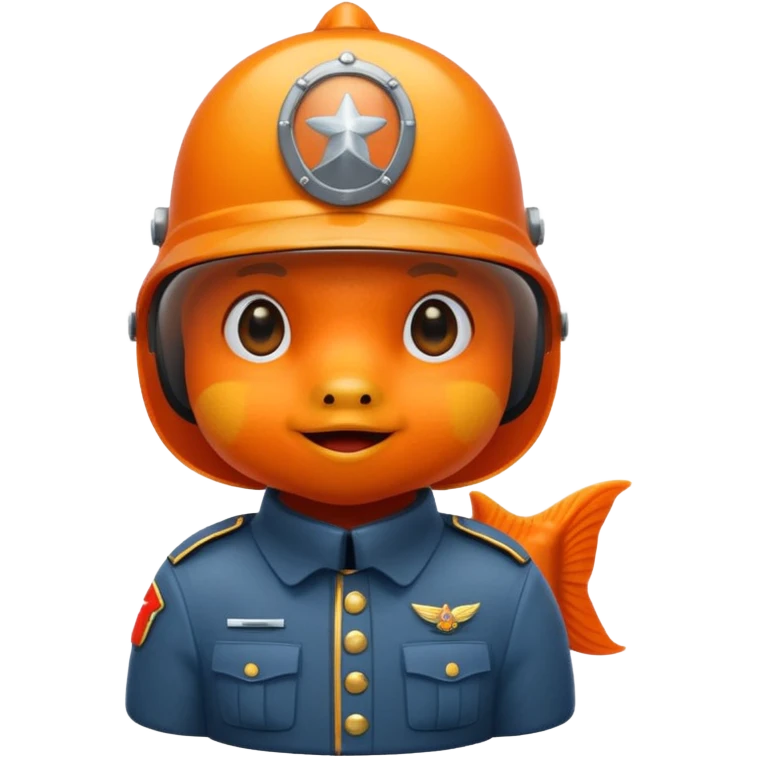 goldfish dressed as a soldier, wearing a helmet, iOS emoji style emoji