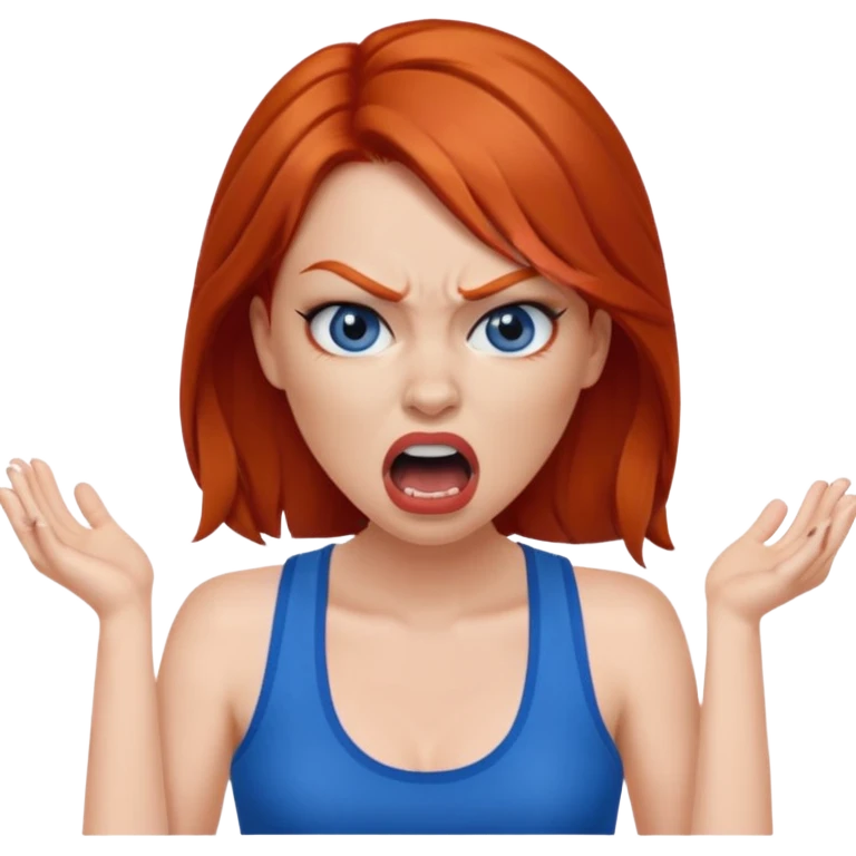 mujer pelirroja con los ojos y los labios maquillados enojada gritando con musculosa azul emoji