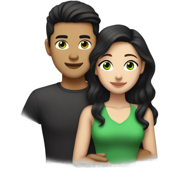 Light skin Asian male with undercut straight black hair hugging white female with green eyes and long brown wavy hair emoji