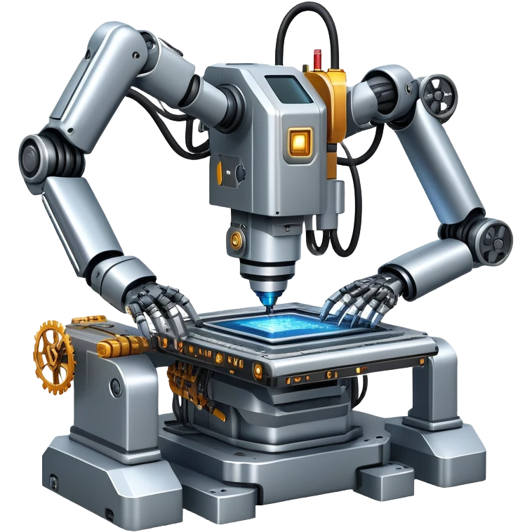 An icon featuring a giant robotic machine welding a large microchip with a laser, using two robotic arms. The design includes circuit boards, gears, and technical schematics, symbolizing advanced engineering and automation. Transparent background highlights the fusion of technology emoji