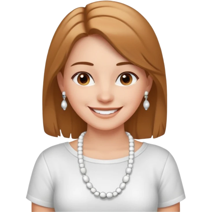 Счастливая Девушка с украшение на шее в виде бус белого и серебряного цвета в белой рубашке, с русыми волосами emoji