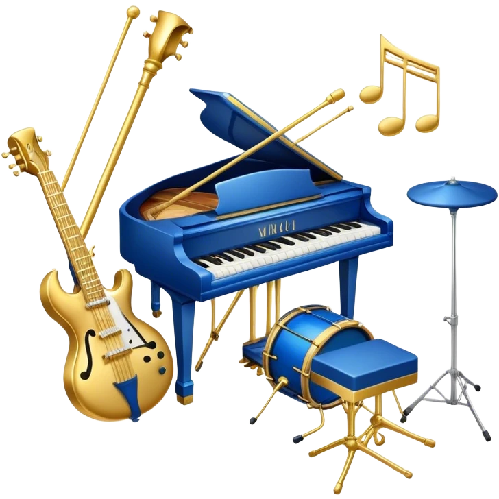 Create an elegant and artistic emoji that represents music arrangement and orchestration. The design should feature musical notes, a set of piano keys, a drum set, and an electric guitar to symbolize the diverse elements of orchestration and arrangement. Include a conductor's baton to emphasize the role of a conductor in bringing all the instruments together. Use a mix of rich colors like gold, silver, and deep blue for sophistication, and add flowing lines to represent the harmony between different instruments. The background should be transparent. emoji