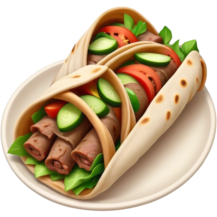 Cinematic Realistic Gyros Dish Emoji, showcasing succulent, spiced meat wrapped in pita with fresh vegetables rendered with lifelike detail and dynamic, appetizing lighting. emoji