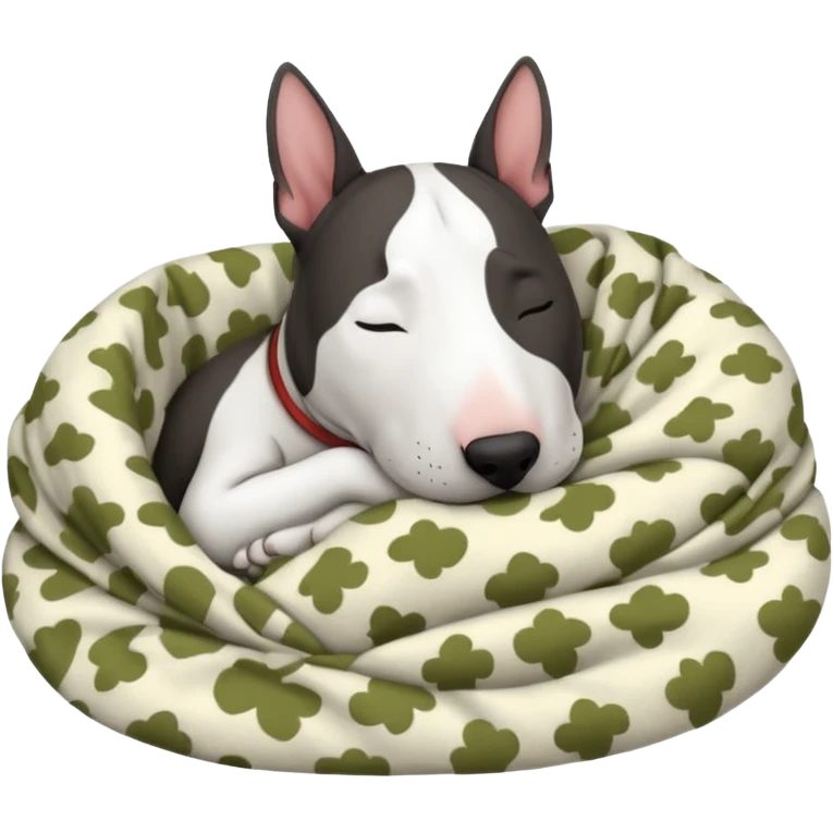 bull terrier sleeping cozy with blanket black head and eats emoji