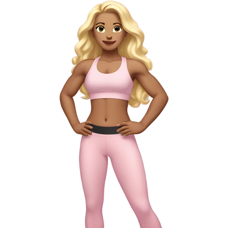 White woman, pale woman, long hair, blonde hair, wavy hair, baby pink sports bra, baby pink leggings, flexing right arm emoji