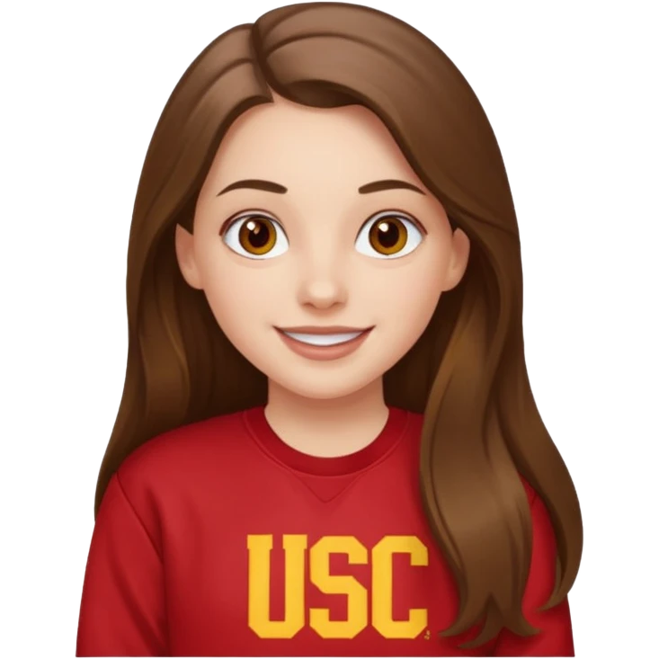 happy white long brunette hair girl with hazel eyes and in red USC sweatshirt emoji