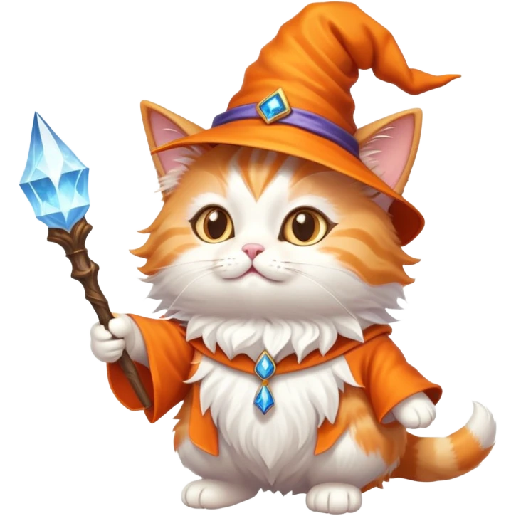 A cute cat with a pointy wizard hat and magic wand casting a spell emoji
