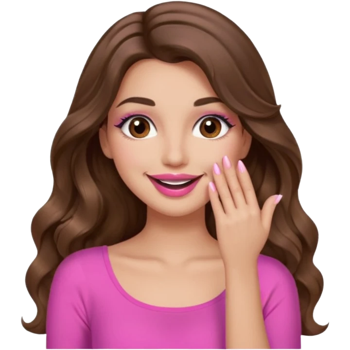 girl with long wavy brown hair, brown eyes, long lashes makeup, pink lips, light to medium complexion, pink sexy top, smiling, hand covering the mouth, emoji